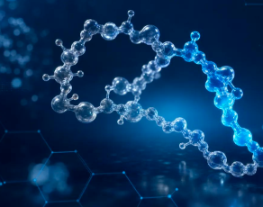 Cadeia molecular em vidro iluminada em azul
